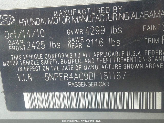 Photo 8 VIN: 5NPEB4AC9BH181167 - HYUNDAI SONATA 