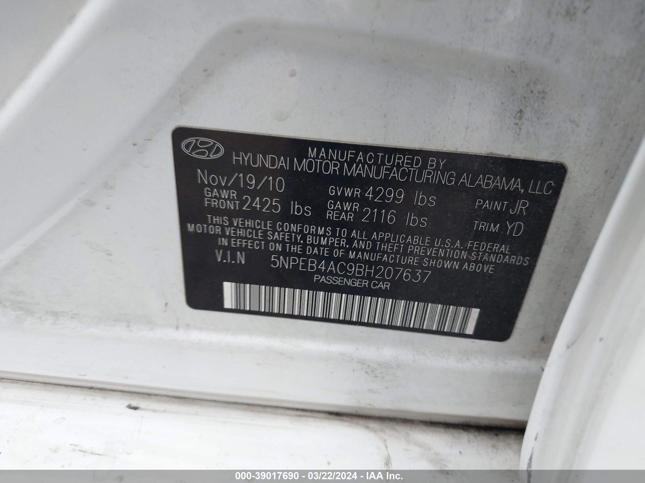 Photo 8 VIN: 5NPEB4AC9BH207637 - HYUNDAI SONATA 