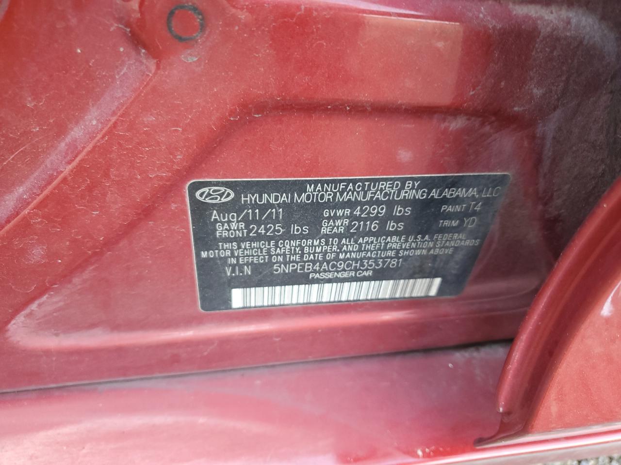 Photo 11 VIN: 5NPEB4AC9CH353781 - HYUNDAI SONATA 