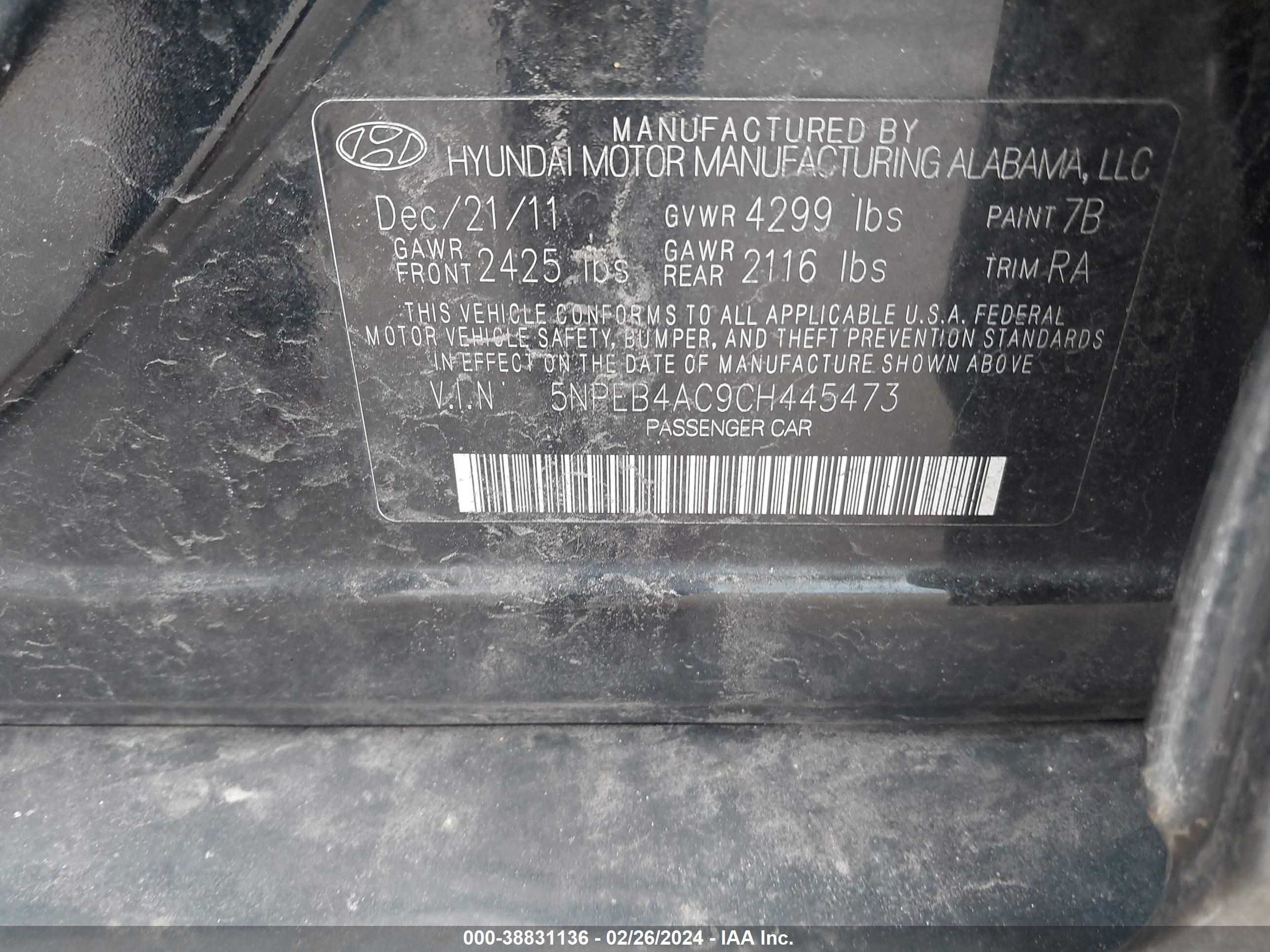 Photo 8 VIN: 5NPEB4AC9CH445473 - HYUNDAI SONATA 