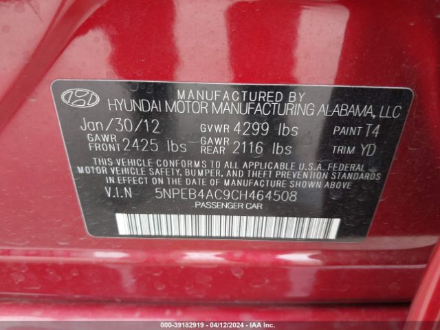 Photo 8 VIN: 5NPEB4AC9CH464508 - HYUNDAI SONATA 