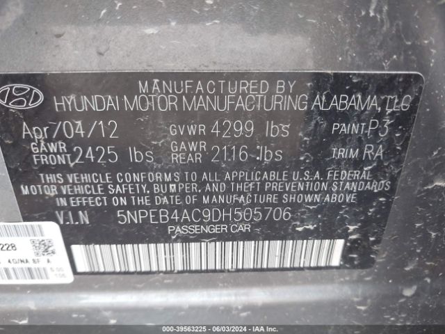 Photo 8 VIN: 5NPEB4AC9DH505706 - HYUNDAI SONATA 