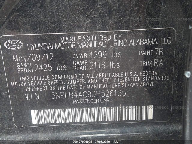 Photo 8 VIN: 5NPEB4AC9DH526135 - HYUNDAI SONATA 