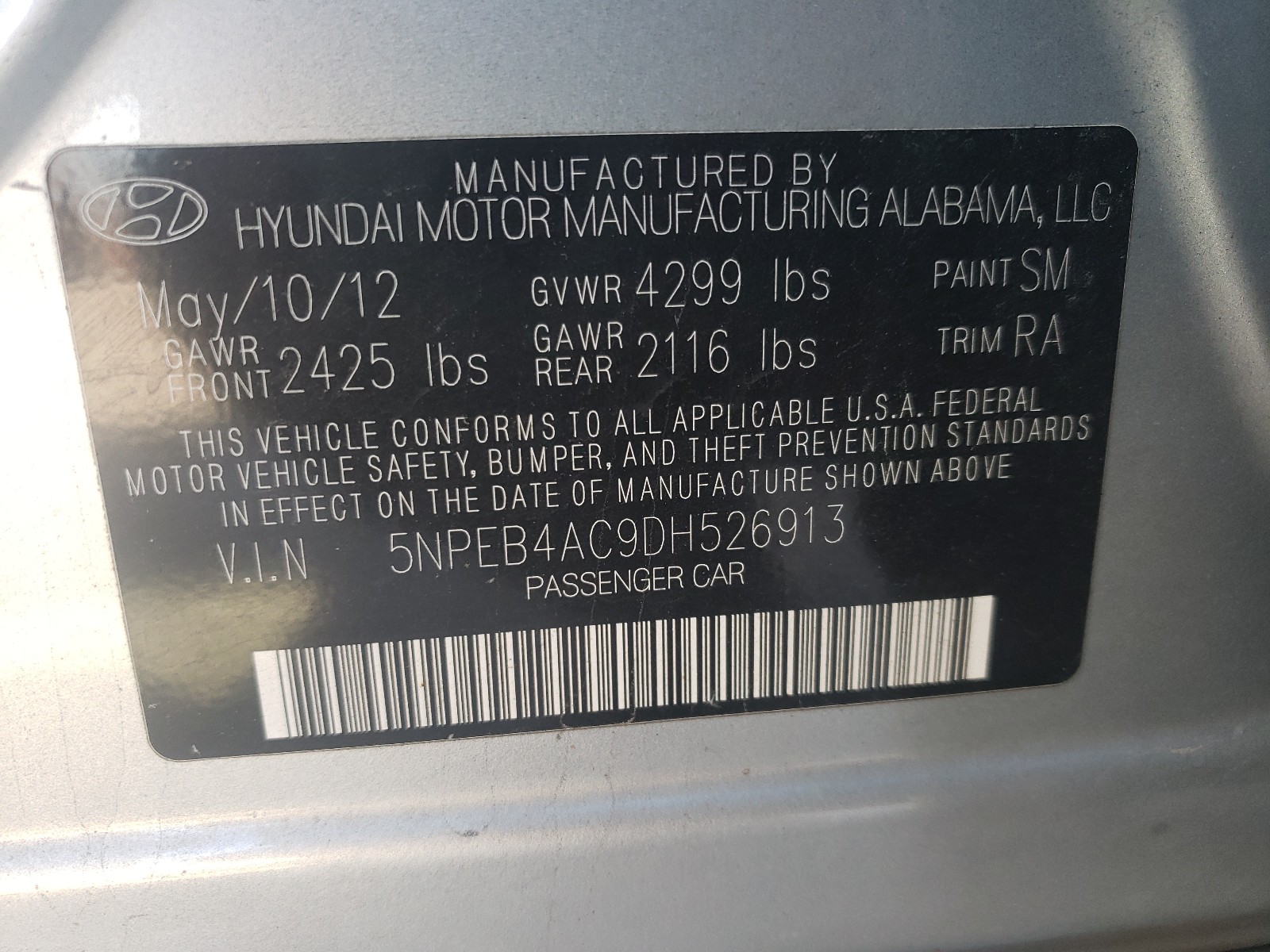 Photo 9 VIN: 5NPEB4AC9DH526913 - HYUNDAI SONATA GLS 