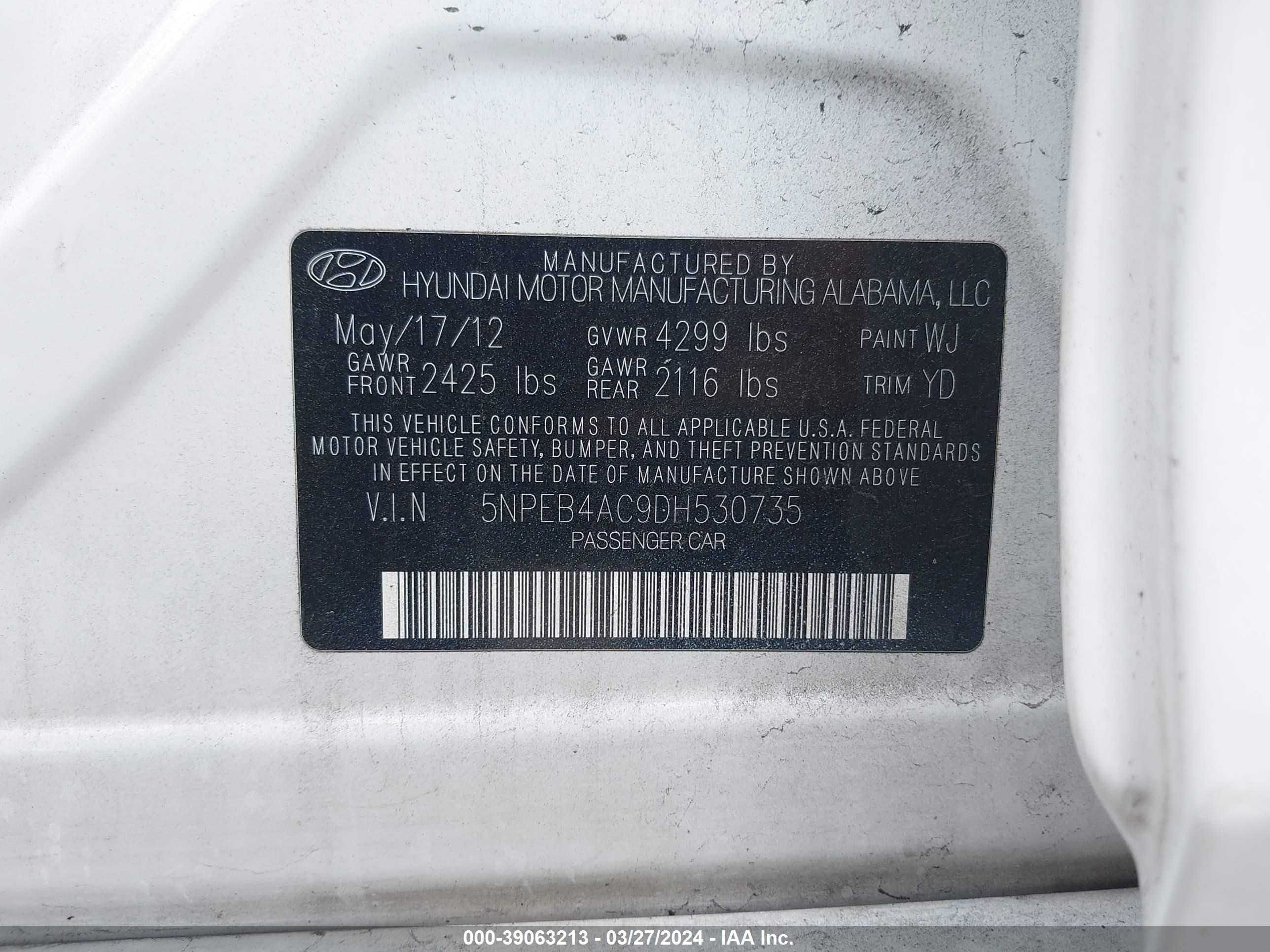 Photo 8 VIN: 5NPEB4AC9DH530735 - HYUNDAI SONATA 