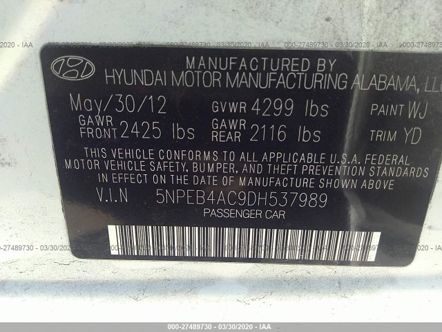 Photo 8 VIN: 5NPEB4AC9DH537989 - HYUNDAI SONATA 