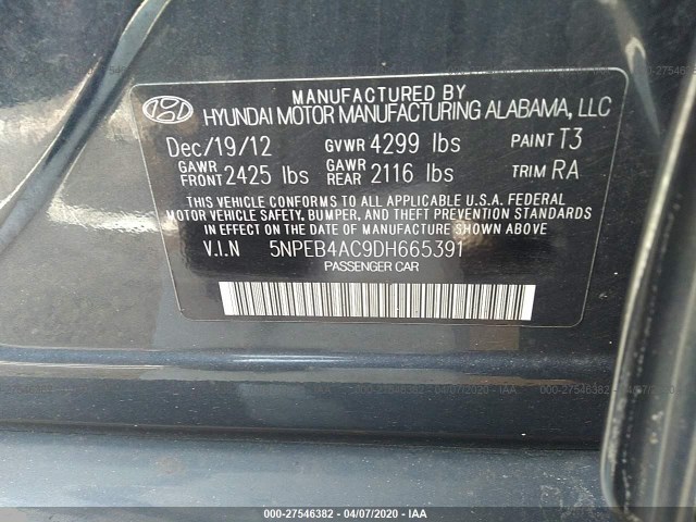 Photo 8 VIN: 5NPEB4AC9DH665391 - HYUNDAI SONATA 