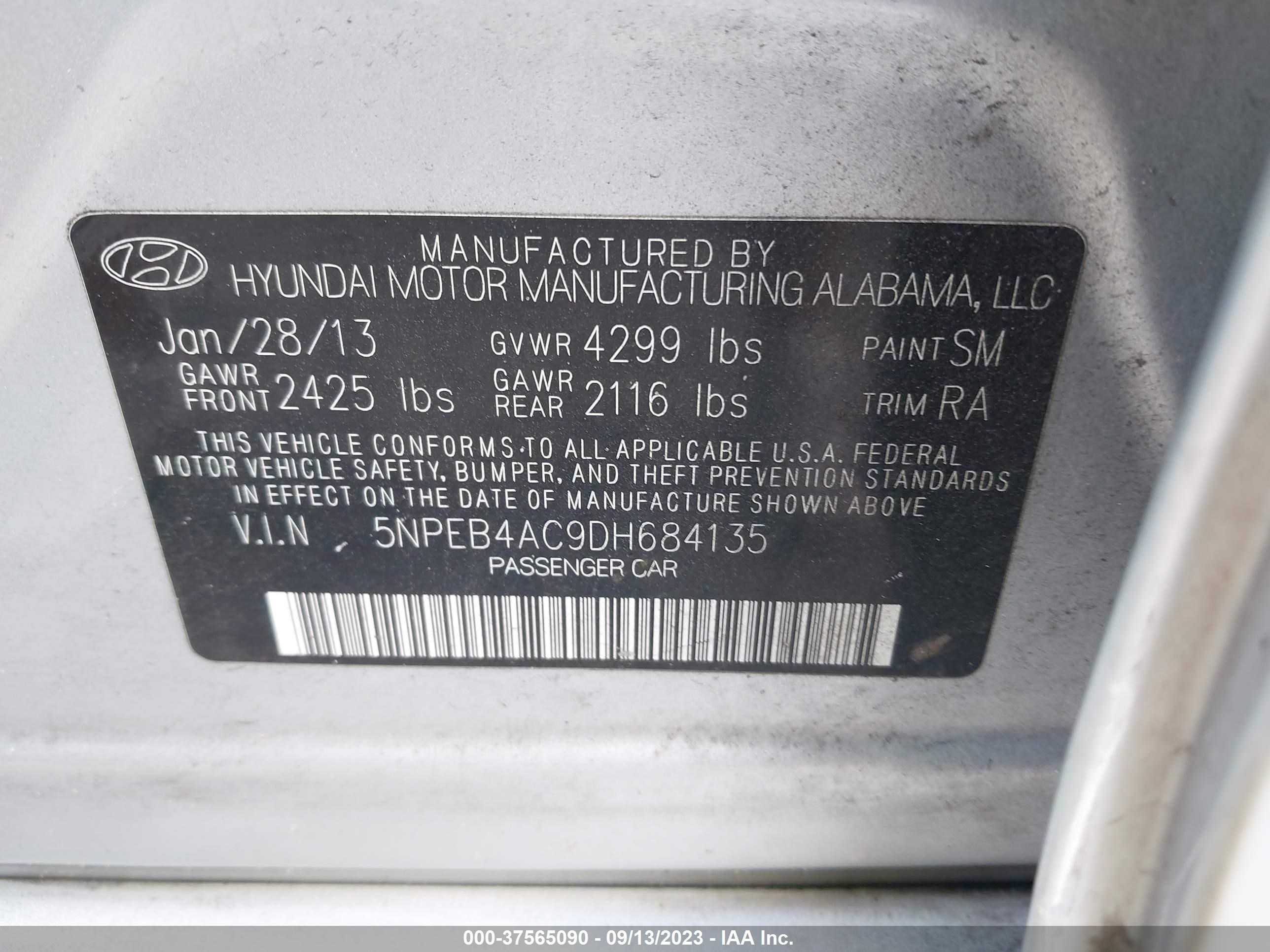 Photo 8 VIN: 5NPEB4AC9DH684135 - HYUNDAI SONATA 