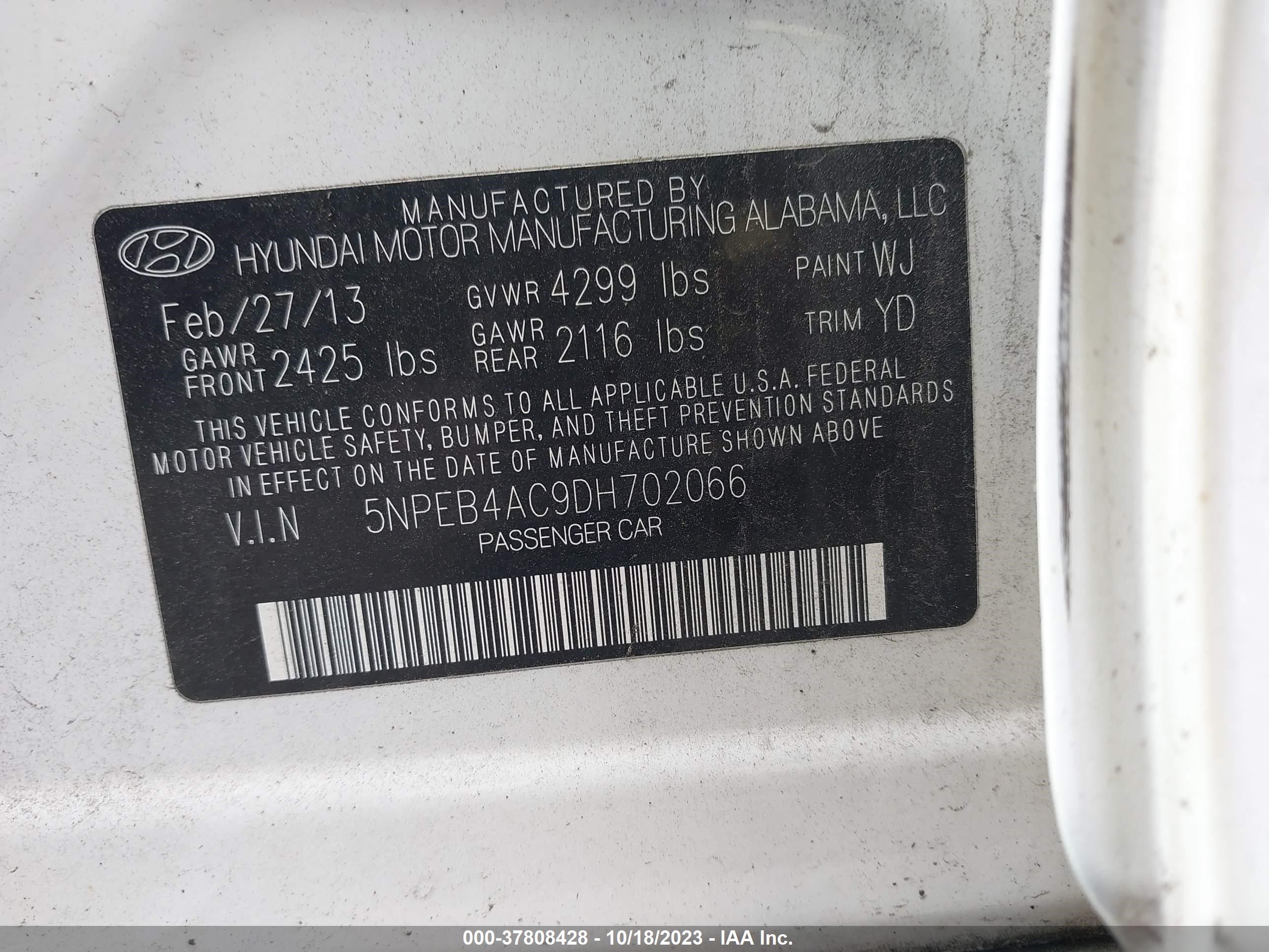 Photo 8 VIN: 5NPEB4AC9DH702066 - HYUNDAI SONATA 