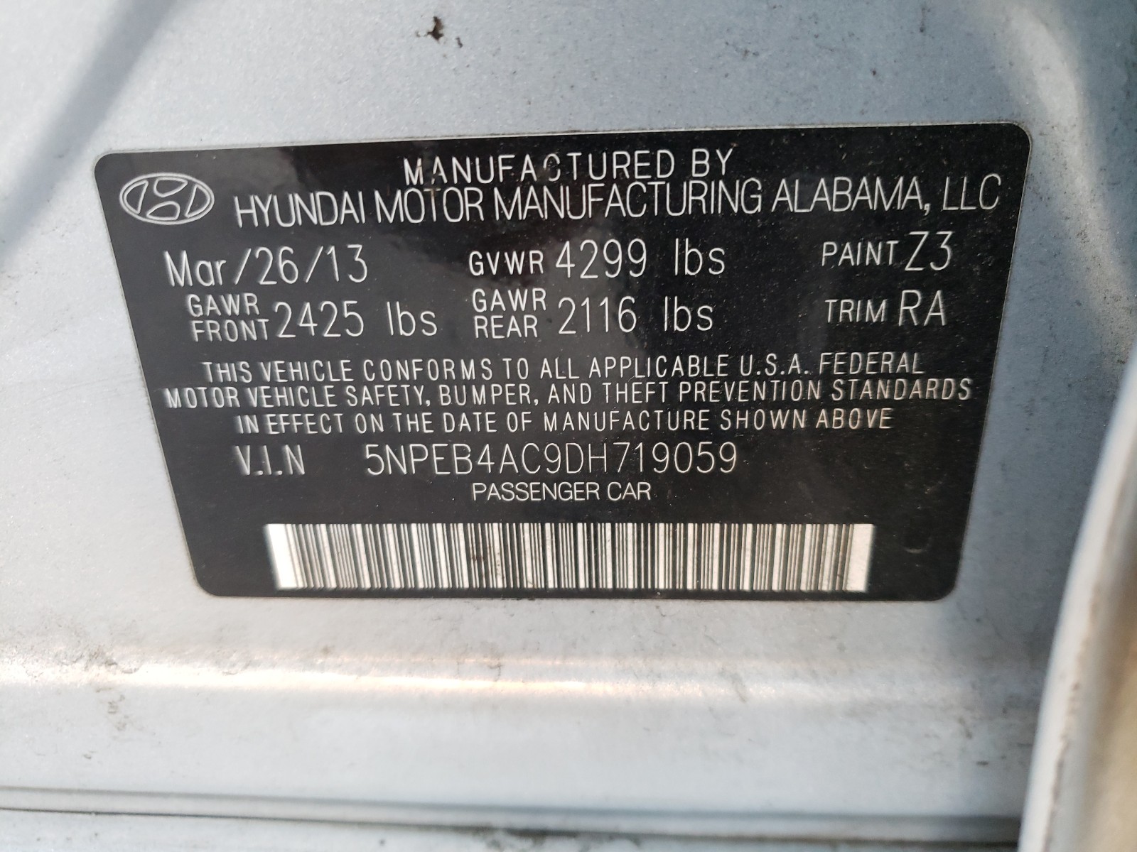 Photo 9 VIN: 5NPEB4AC9DH719059 - HYUNDAI SONATA GLS 