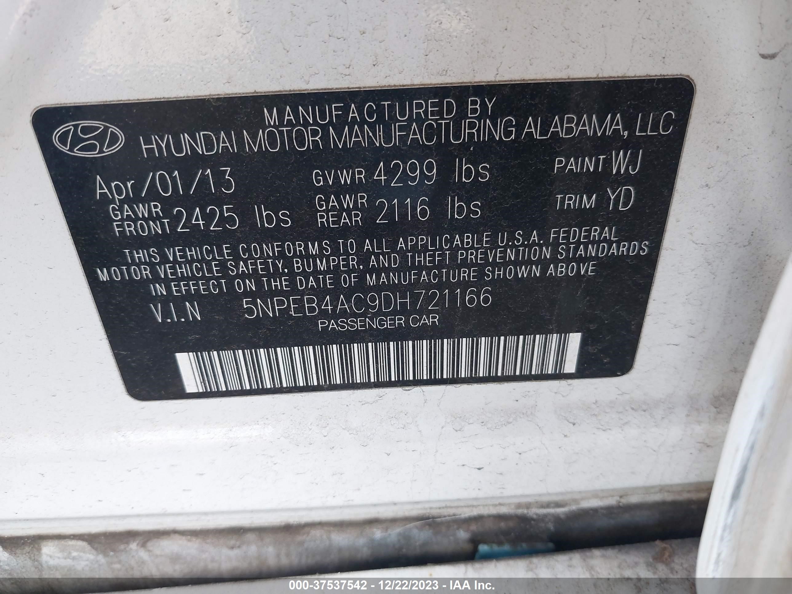 Photo 8 VIN: 5NPEB4AC9DH721166 - HYUNDAI SONATA 