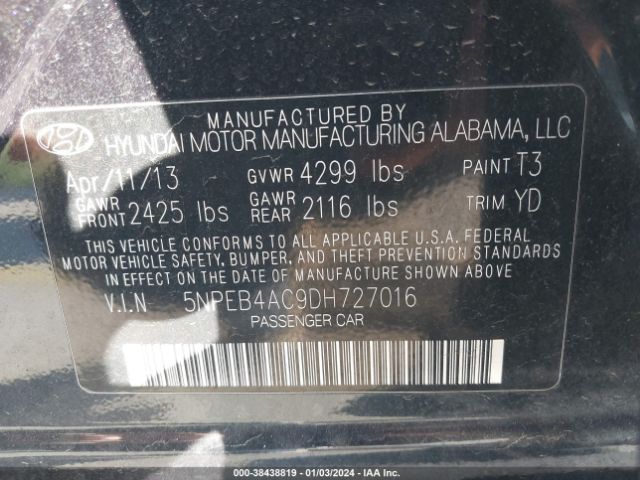 Photo 8 VIN: 5NPEB4AC9DH727016 - HYUNDAI SONATA 