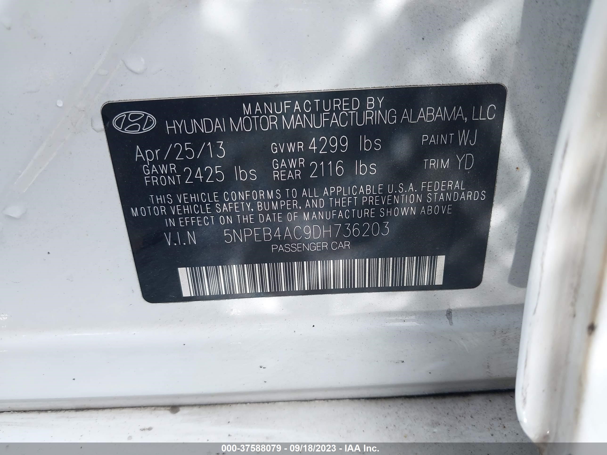 Photo 8 VIN: 5NPEB4AC9DH736203 - HYUNDAI SONATA 