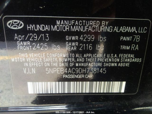 Photo 8 VIN: 5NPEB4AC9DH738145 - HYUNDAI SONATA 