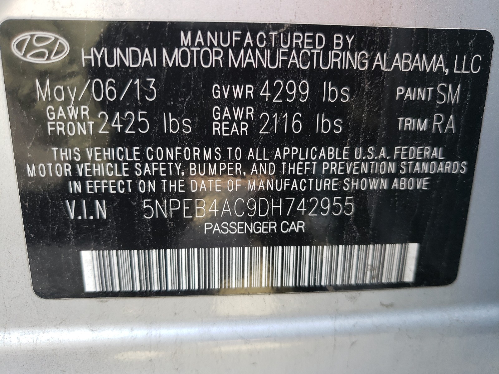 Photo 9 VIN: 5NPEB4AC9DH742955 - HYUNDAI SONATA GLS 