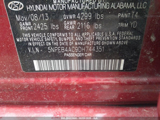 Photo 8 VIN: 5NPEB4AC9DH744351 - HYUNDAI SONATA 