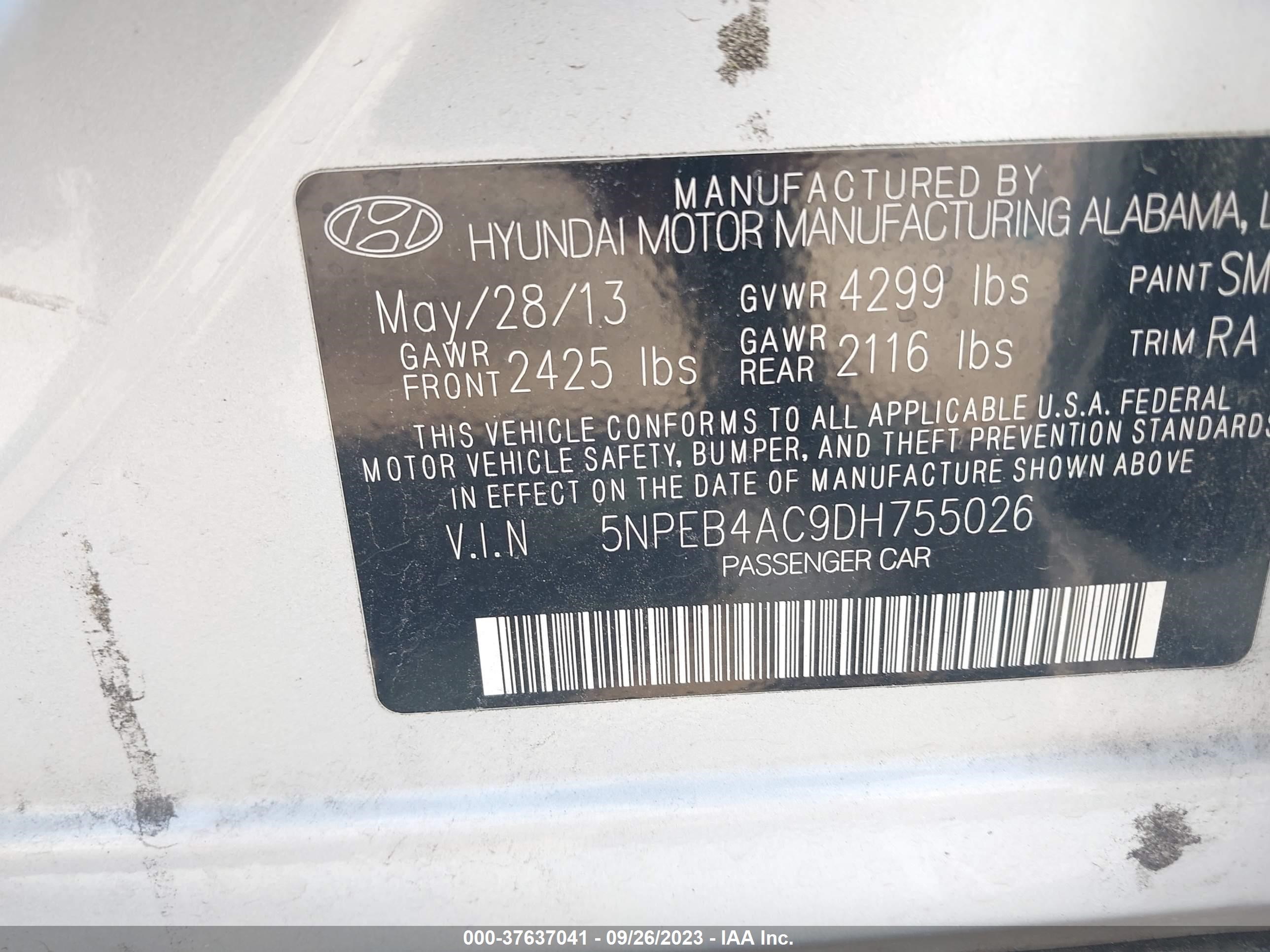 Photo 8 VIN: 5NPEB4AC9DH755026 - HYUNDAI SONATA 