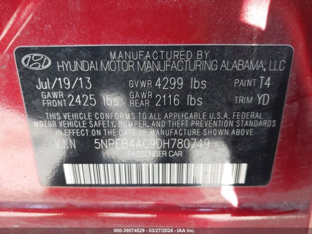 Photo 8 VIN: 5NPEB4AC9DH780749 - HYUNDAI SONATA 