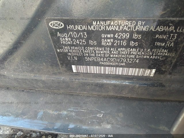 Photo 8 VIN: 5NPEB4AC9DH793274 - HYUNDAI SONATA 