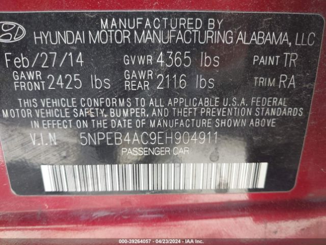 Photo 8 VIN: 5NPEB4AC9EH904911 - HYUNDAI SONATA 