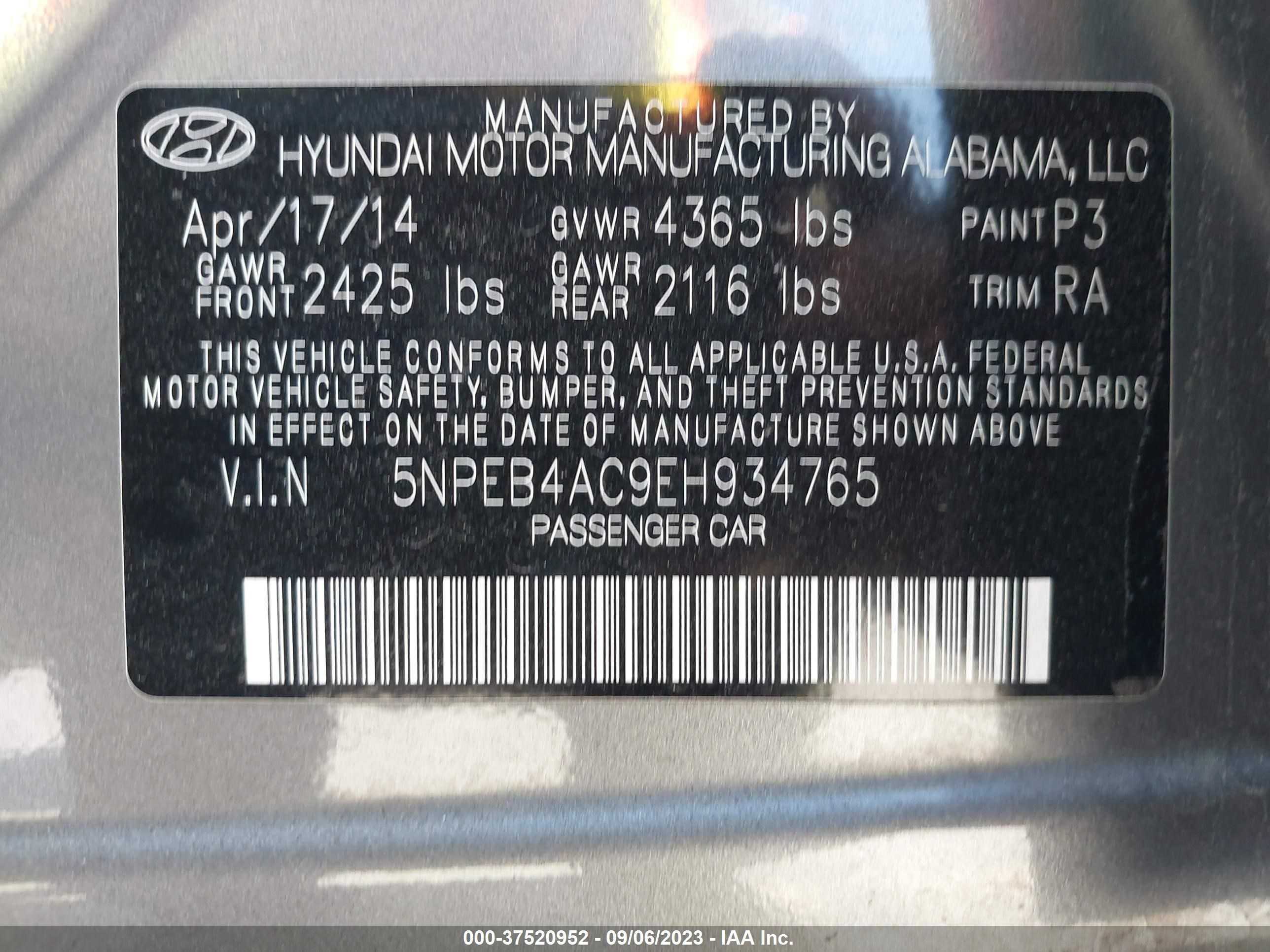 Photo 8 VIN: 5NPEB4AC9EH934765 - HYUNDAI SONATA 