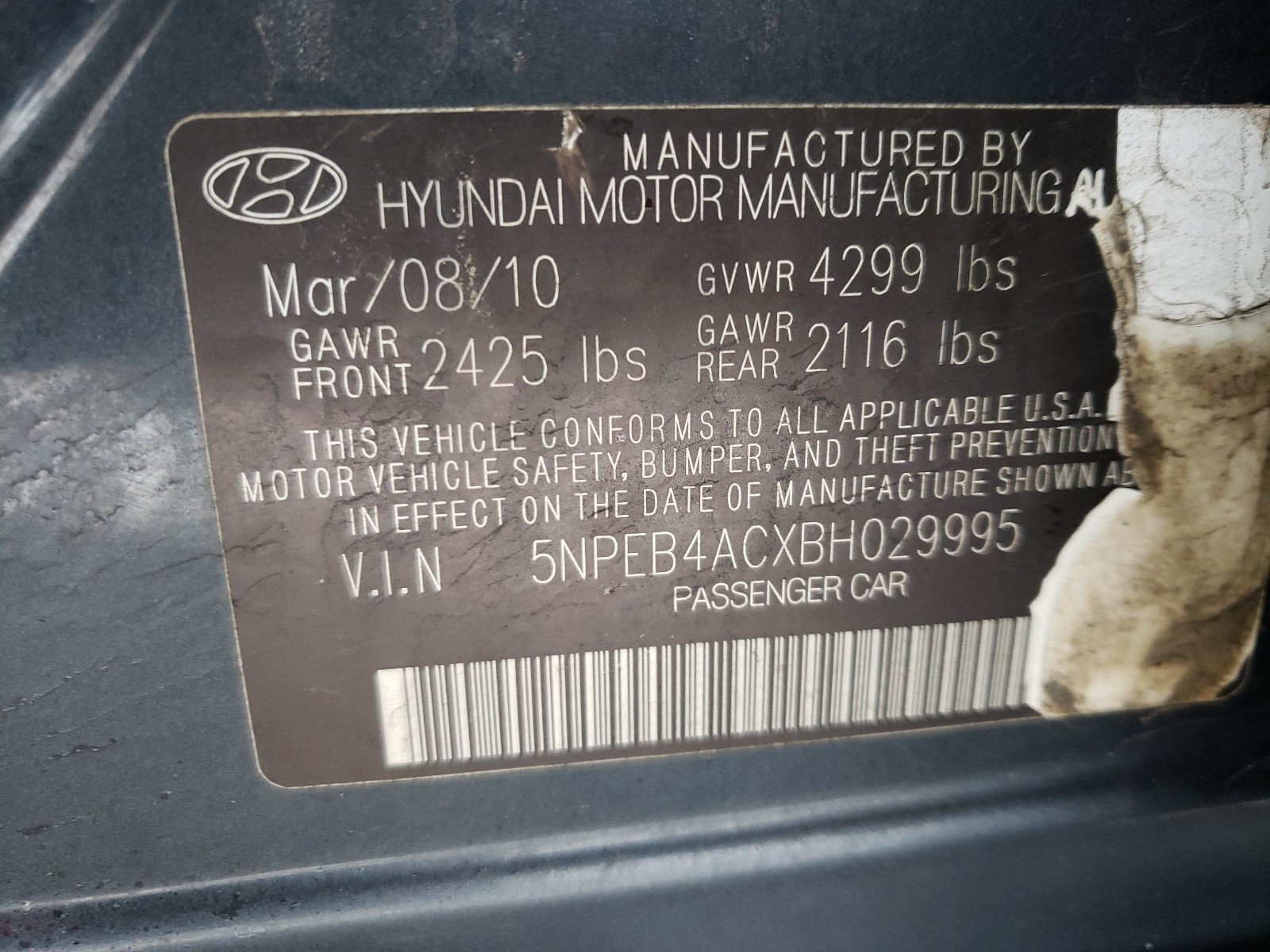 Photo 9 VIN: 5NPEB4ACXBH029995 - HYUNDAI SONATA GLS 