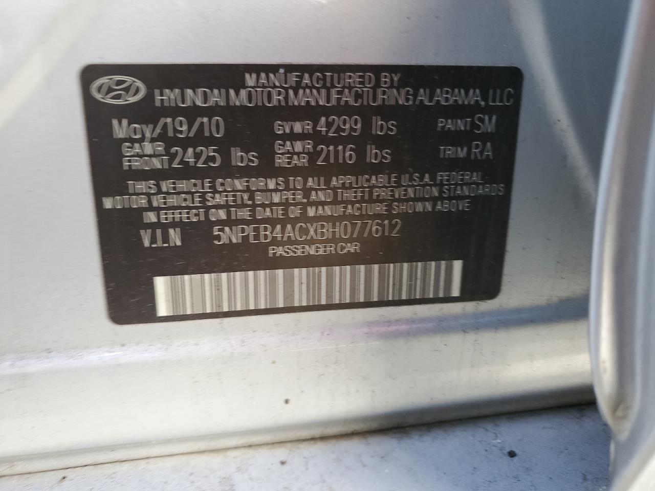 Photo 11 VIN: 5NPEB4ACXBH077612 - HYUNDAI SONATA 