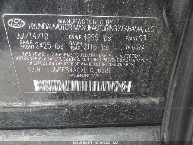 Photo 8 VIN: 5NPEB4ACXBH106381 - HYUNDAI SONATA 