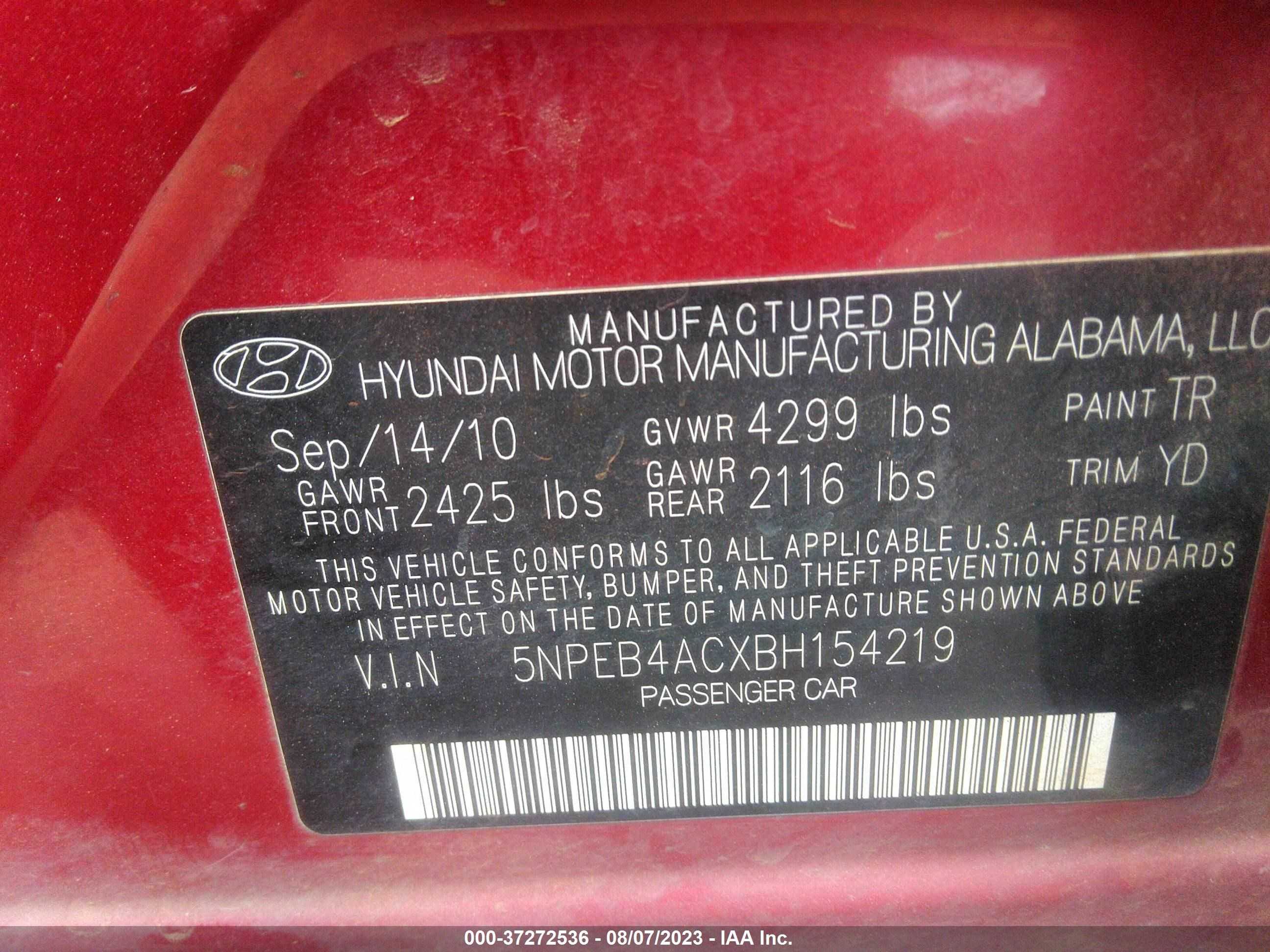 Photo 8 VIN: 5NPEB4ACXBH154219 - HYUNDAI SONATA 