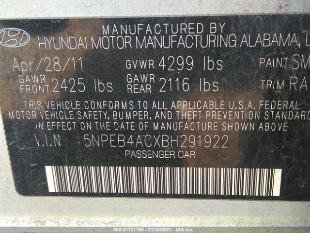 Photo 8 VIN: 5NPEB4ACXBH291922 - HYUNDAI SONATA 