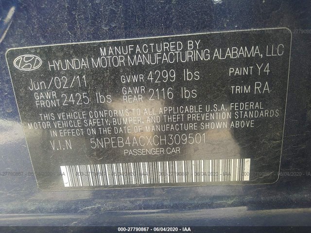 Photo 8 VIN: 5NPEB4ACXCH309501 - HYUNDAI SONATA 