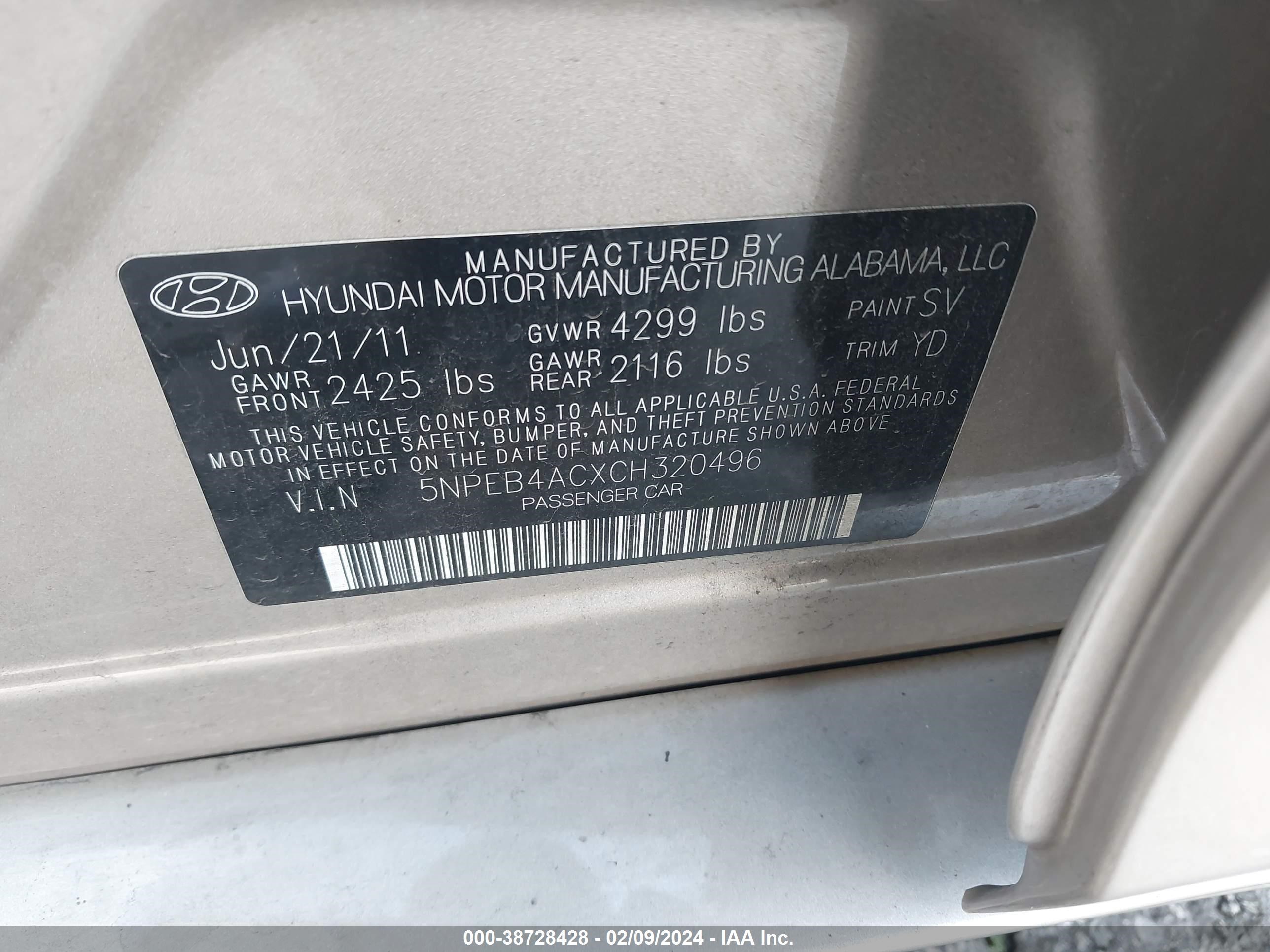 Photo 8 VIN: 5NPEB4ACXCH320496 - HYUNDAI SONATA 