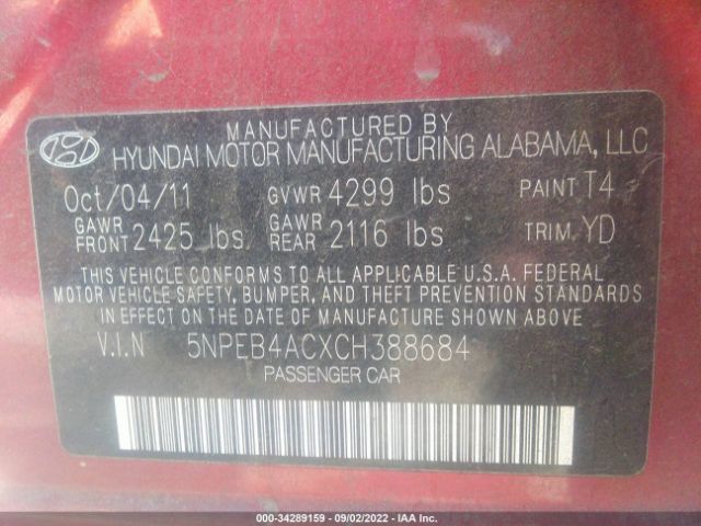 Photo 8 VIN: 5NPEB4ACXCH388684 - HYUNDAI SONATA 