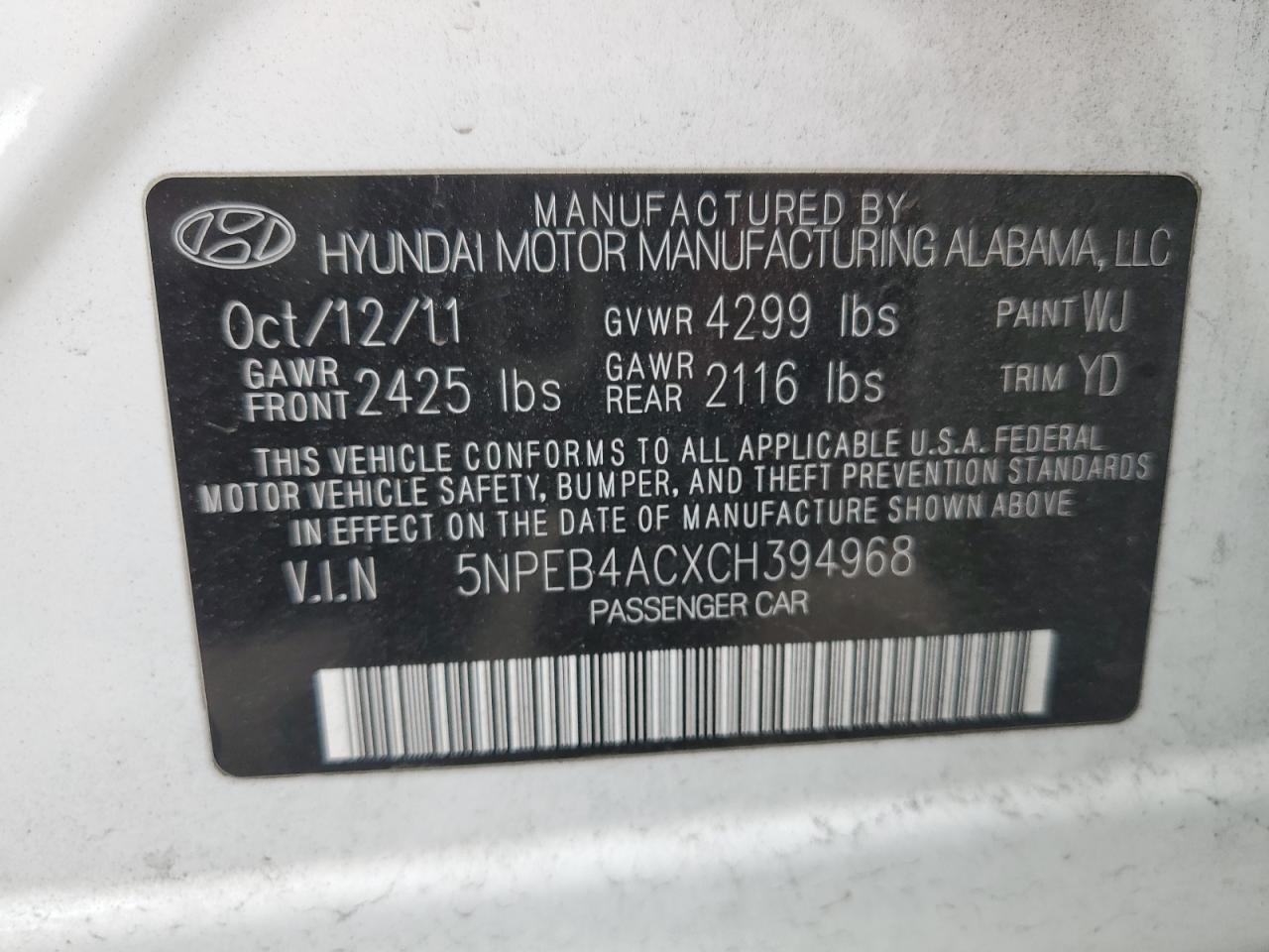 Photo 11 VIN: 5NPEB4ACXCH394968 - HYUNDAI SONATA 