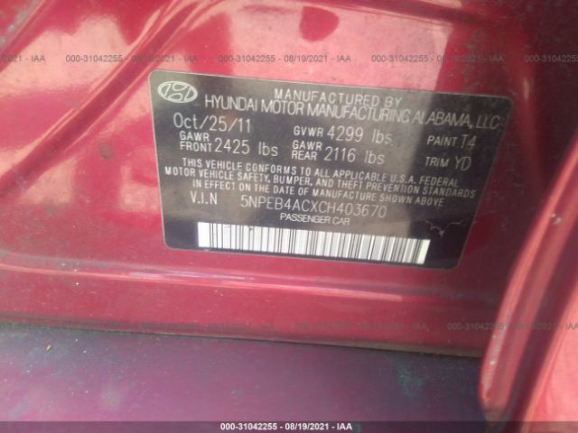 Photo 8 VIN: 5NPEB4ACXCH403670 - HYUNDAI SONATA 