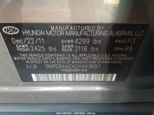 Photo 8 VIN: 5NPEB4ACXCH443697 - HYUNDAI SONATA 