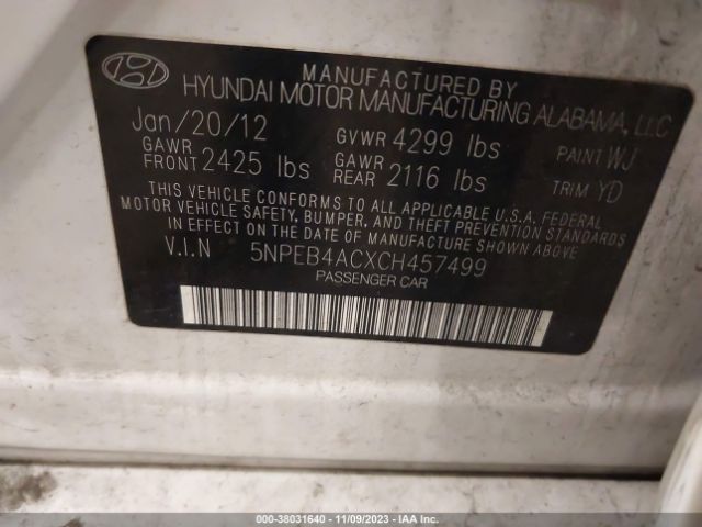 Photo 8 VIN: 5NPEB4ACXCH457499 - HYUNDAI SONATA 