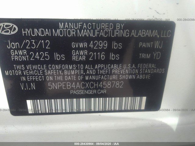 Photo 8 VIN: 5NPEB4ACXCH458782 - HYUNDAI SONATA 