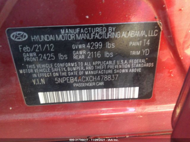 Photo 8 VIN: 5NPEB4ACXCH478837 - HYUNDAI SONATA 