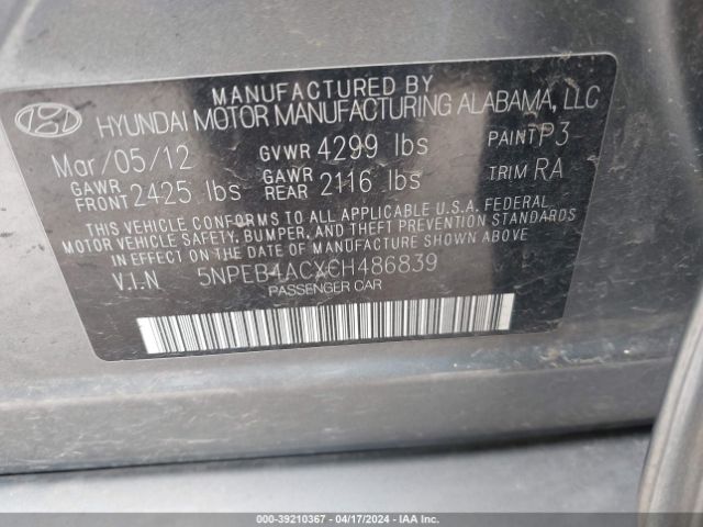 Photo 8 VIN: 5NPEB4ACXCH486839 - HYUNDAI SONATA 