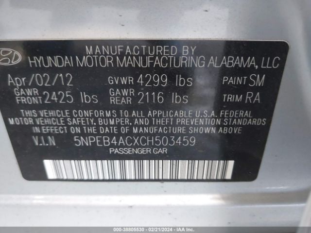 Photo 8 VIN: 5NPEB4ACXCH503459 - HYUNDAI SONATA 