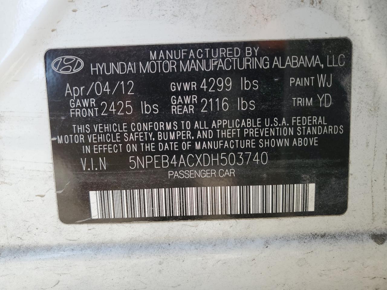 Photo 11 VIN: 5NPEB4ACXDH503740 - HYUNDAI SONATA 