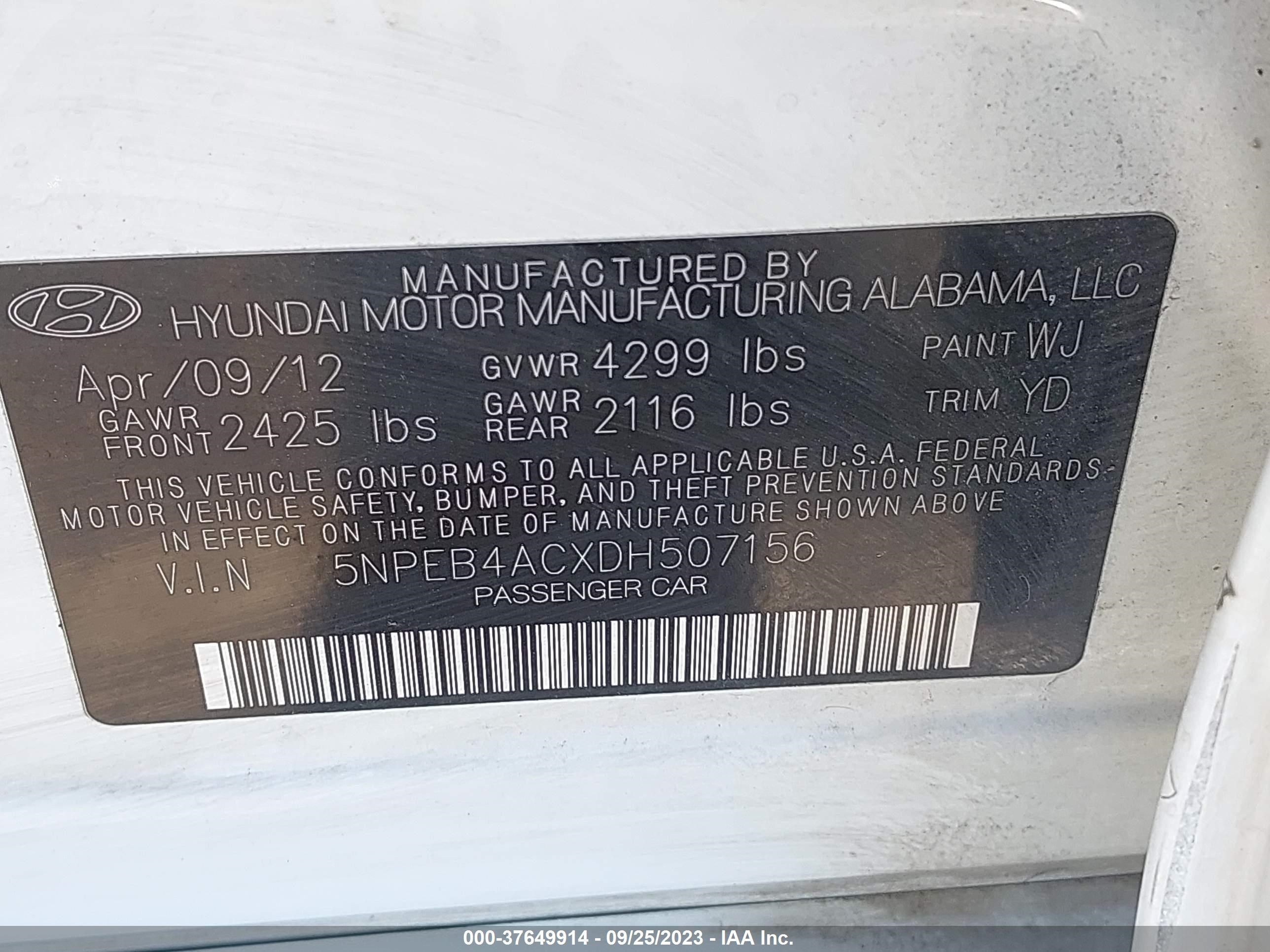 Photo 8 VIN: 5NPEB4ACXDH507156 - HYUNDAI SONATA 