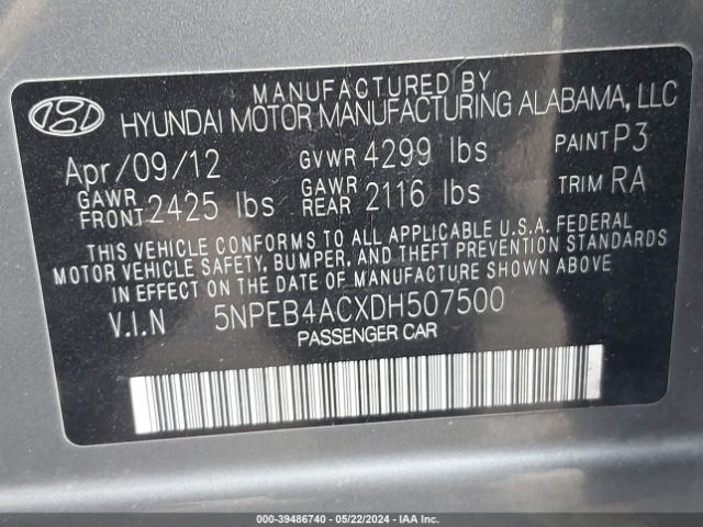 Photo 8 VIN: 5NPEB4ACXDH507500 - HYUNDAI SONATA 