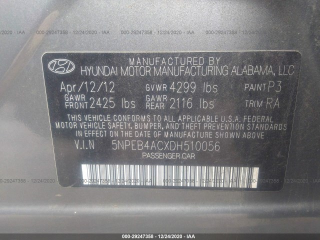 Photo 8 VIN: 5NPEB4ACXDH510056 - HYUNDAI SONATA 