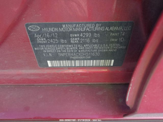 Photo 8 VIN: 5NPEB4ACXDH511630 - HYUNDAI SONATA 