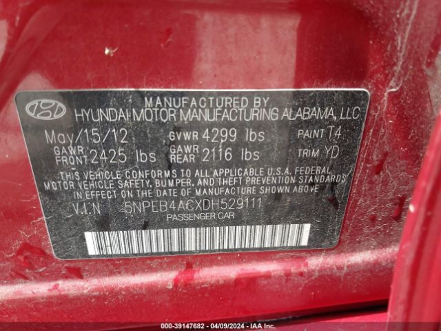 Photo 8 VIN: 5NPEB4ACXDH529111 - HYUNDAI SONATA 