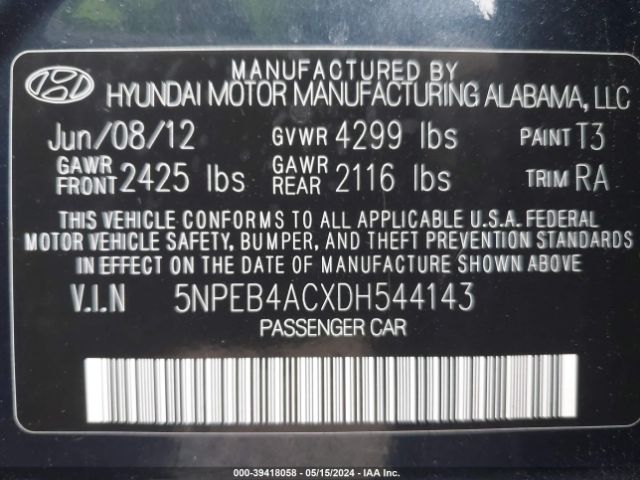 Photo 8 VIN: 5NPEB4ACXDH544143 - HYUNDAI SONATA 