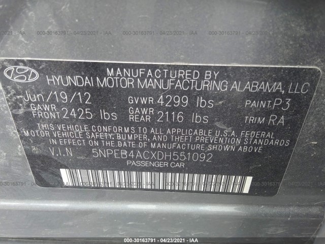 Photo 8 VIN: 5NPEB4ACXDH551092 - HYUNDAI SONATA 