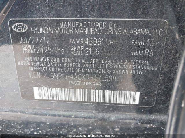 Photo 8 VIN: 5NPEB4ACXDH571598 - HYUNDAI SONATA 